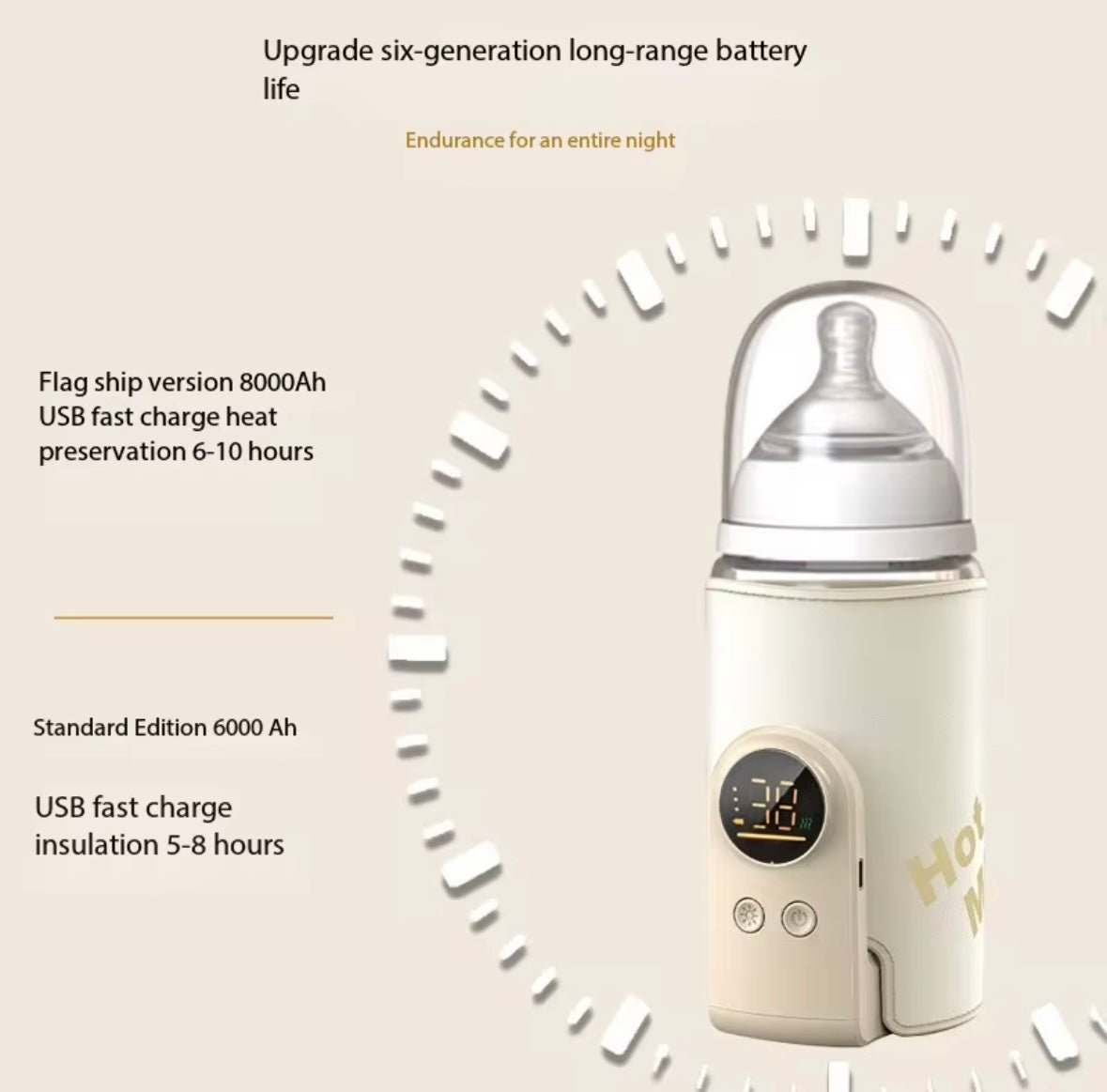 Baby B♡nd Draagbare Flesverwarmer – USB Oplaadbaar – Digitale Temperatuurweergave – Crème