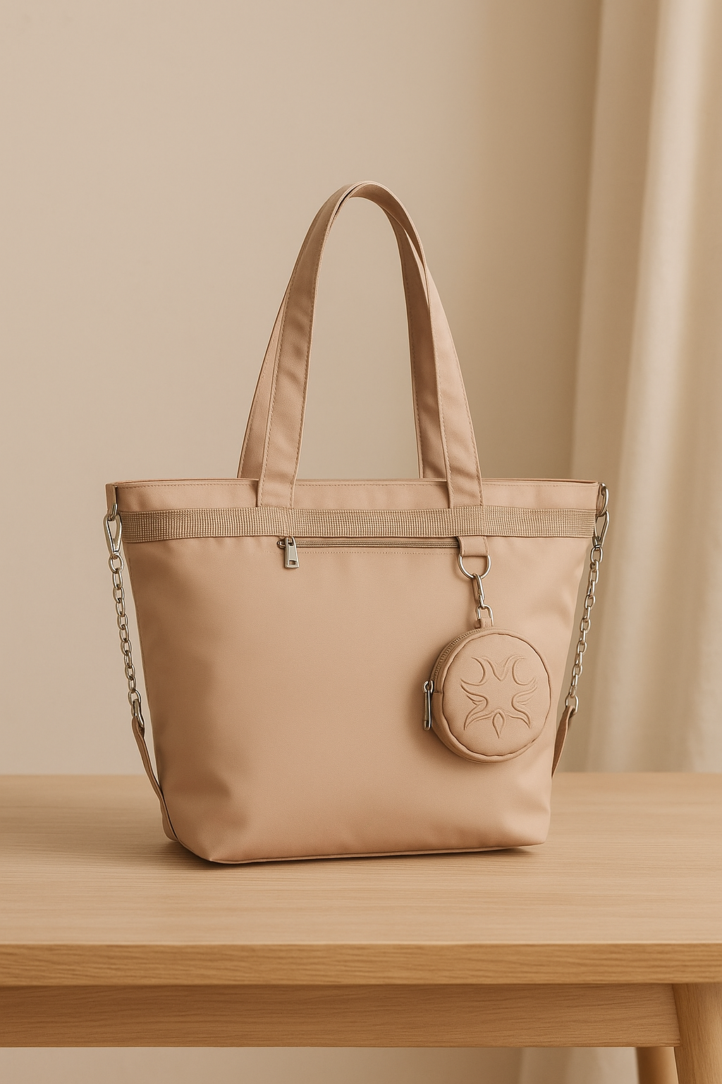 Luxe Nylon Tote Bag met Afneembaar Rond Etui – Zand & Olijfgroen