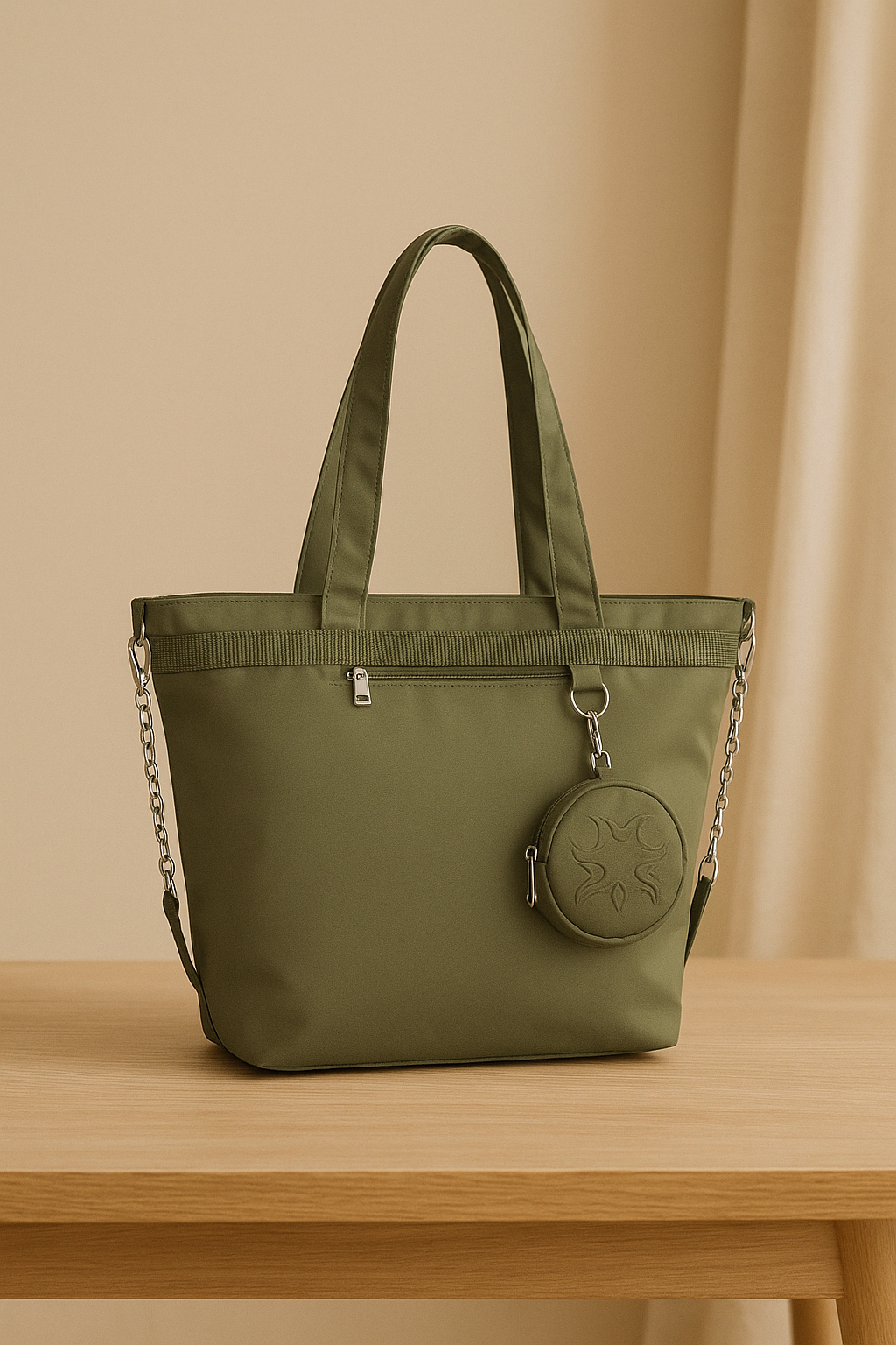 Luxe Nylon Tote Bag met Afneembaar Rond Etui – Zand & Olijfgroen
